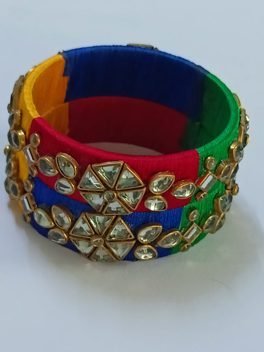 Silk thread multi color kada with big silver Kundan